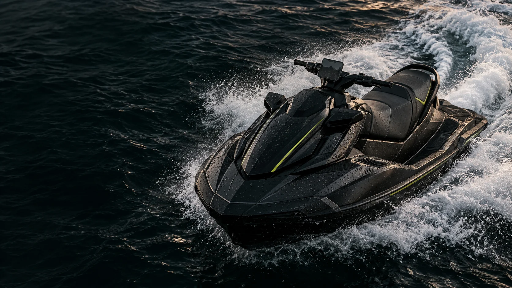 Graphite personal watercraft with teal accents cutting through dark ocean water. Concept artwork.